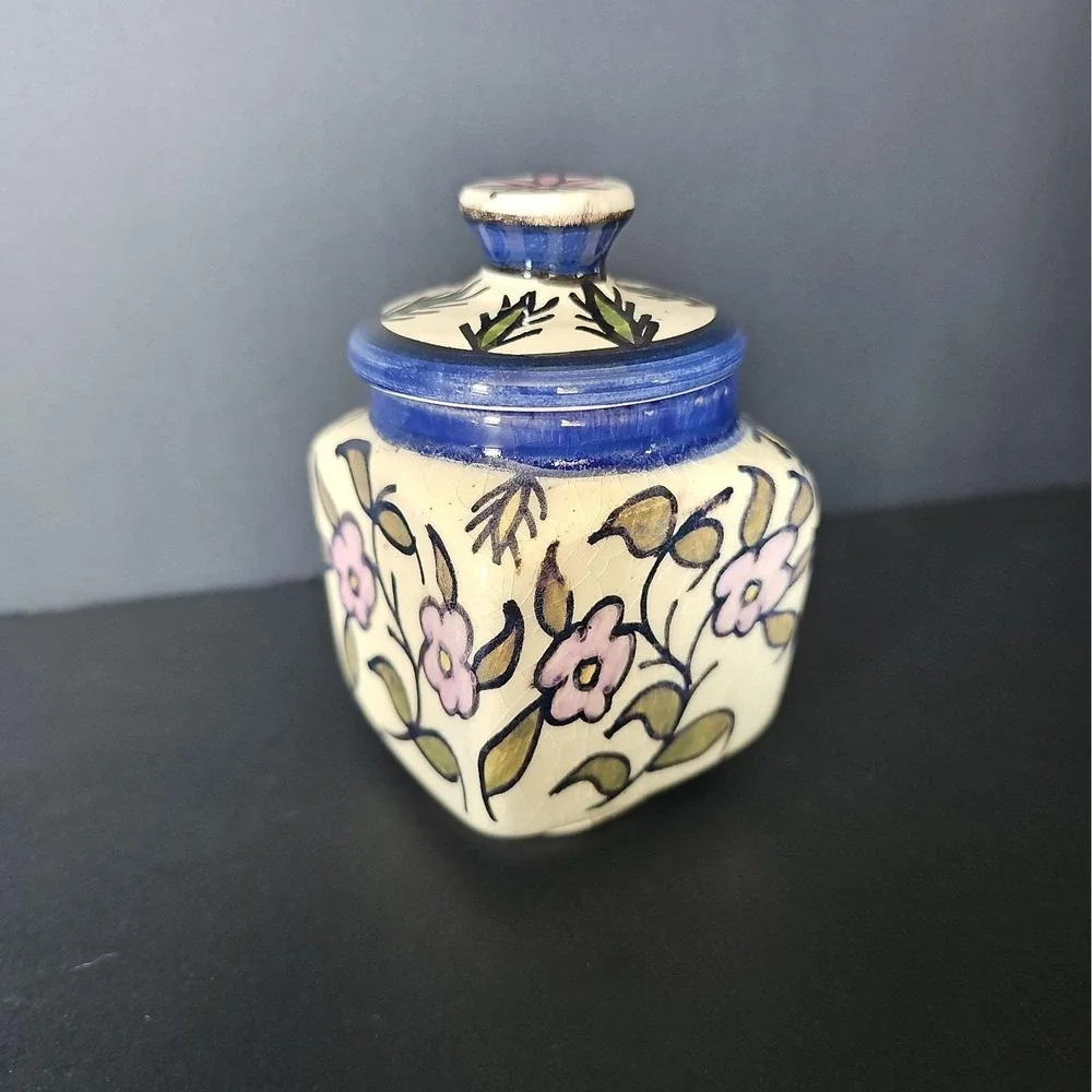 Hand Painted Jerusalem Old City Ceramic Floral Lidded Jar Signed Glossy
